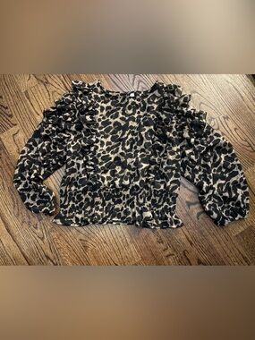 Truth Leopard Print Ruffle-Sleeve Blouse - Black & Tan